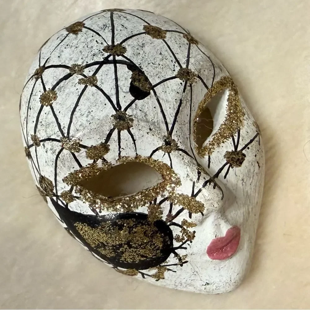 Hand-Painted Miniature Mask Brooch – Gold & Black Art Piece for Women